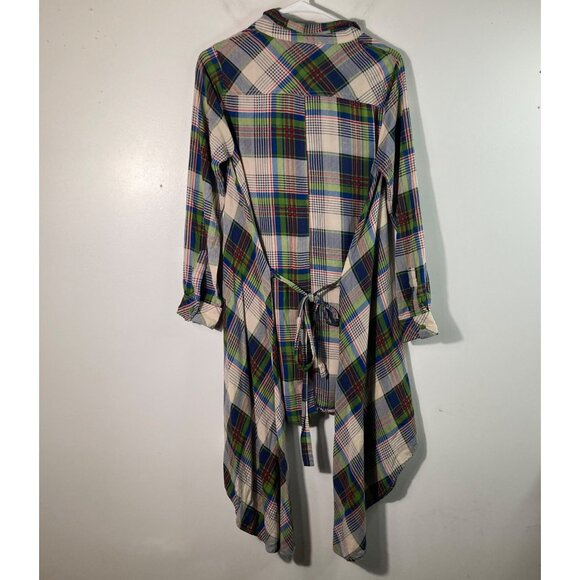 Womens Umgee Plaid Lagenlook Tunic Top Green Blue S Long Sleeve Tie Waist Asymme - Picture 2 of 9